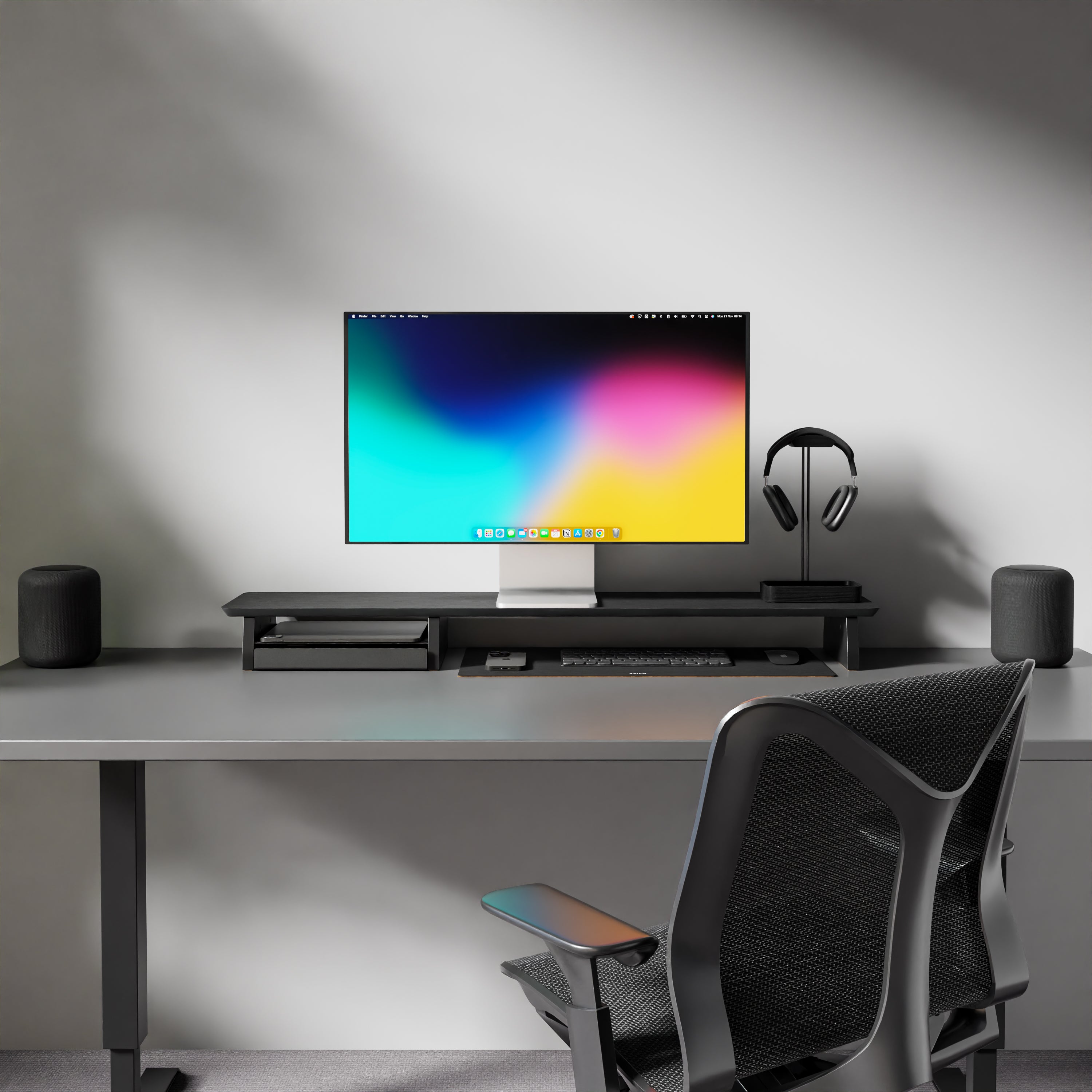 all black minimal desk setup with raico desk shelf system creates a organised desk space using leather desk mat that fits in perfectly under the shelf making Raico a perfect grovemade alternative