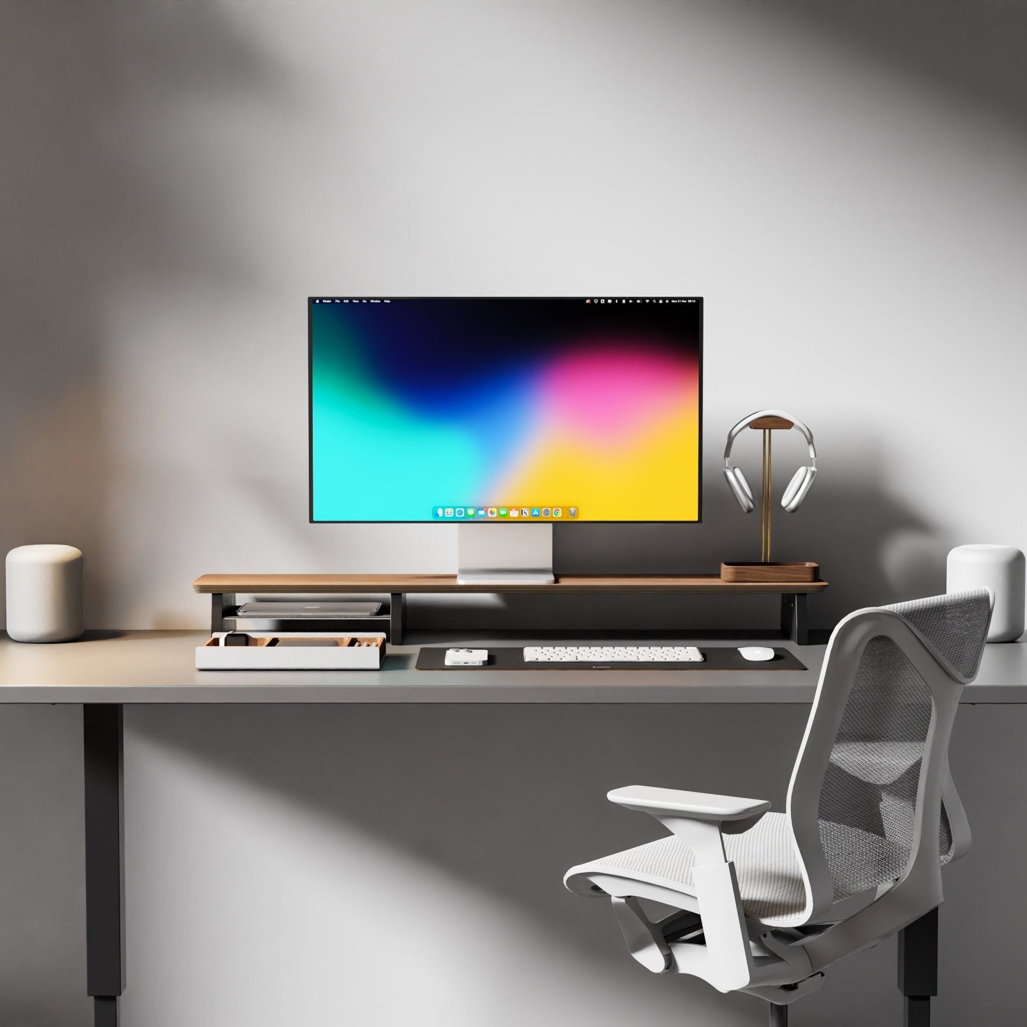 modern desk setup with desk shelf, leather desk pad and organiser tray 