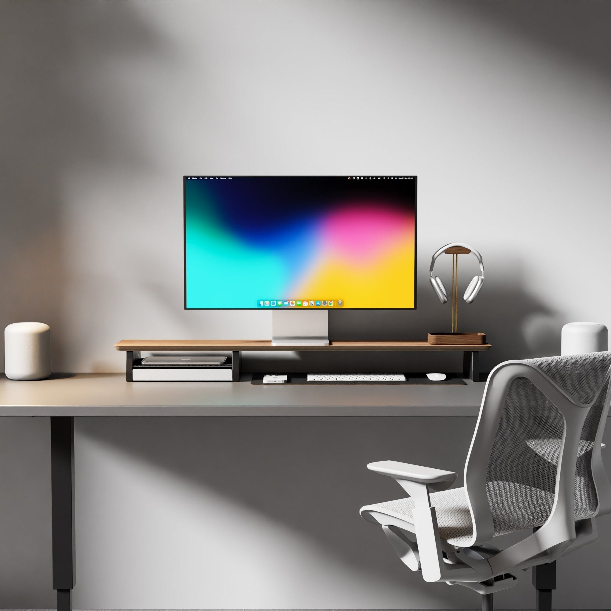 minimal desk setup with leather desk mat in black